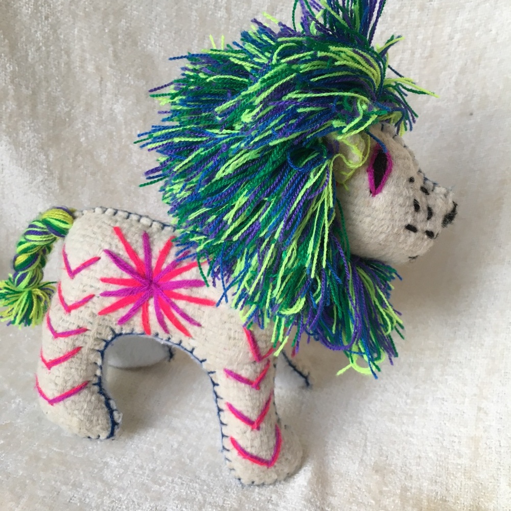 Mexican Handmade Colorful Folk Art Lion Chiapas Stuffed Animal Plush.